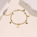18K gold double-layer bracelet with black star charms and gold crescent moon pendants - Black Star Moon and Beads Style (SL051-3)