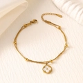 Bracciale a doppio strato in acciaio inossidabile placcato oro 18K con trifoglio bianco - Stile Doppia Catena Trifoglio (SL043)