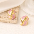 Irregular S-shape gold earrings with pink marble enamel inlay on a silk background - EH410-Pink / 18K Gold