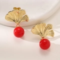 Eleganti orecchini a lobo foglia di ginkgo oro 18K con perline rosse in stile retrò - Stile Foglia di Ginkgo Perla Rossa (EH500-Rosso) / 18K