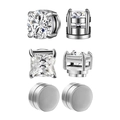 Set di tre orecchini magnetici in acciaio inossidabile con zirconi rotondi e quadrati - Confezione da Tre in Acciaio (8mm) / 8mm / Color Acciaio