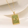 Gold rectangular tarot sun and moon pendant necklace with light green enamel detail - Green