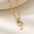 Close-up of gold paperclip chain necklace with OT clasp and letter L teardrop pendant - Letter L (XL181-L) / 18K Gold