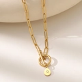 Macro shot of gold stainless steel paperclip necklace with letter R pendant and toggle clasp - Letter R (XL181-R) / 18K Gold