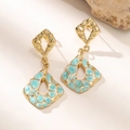 Orecchini pendenti bohémien in oro con smalto marmorizzato blu e design geometrico - Verde