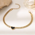 Detail of 18k gold plated Cuban chain bracelet with black heart enamel pendant close-up - Black Heart (SL018-Black) / Gold/Black
