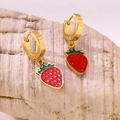 Close-up of strawberry pendant hoop earrings featuring red enamel and gold metal finish - Strawberry Hoop Style B (EH656)