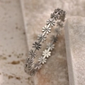 Silver daisy flower bracelet with diamond center on natural beige travertine stone base - 18K Gold / Silver
