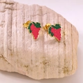 Detailed close-up of grape-shaped stud earrings with pink fruit and green leaves - Grape Studs Style A