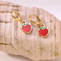 Creative gold fruit hoop earrings with red strawberry charms on pink stone background - Strawberry Hoop Style C (EH655)