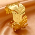 Polished gold stainless steel open bangle with interlocking double leaf design and sleek texture - Double Interlocking Leaves Style (SZ124)