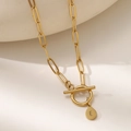 Gold paperclip necklace with OT buckle and teardrop pendant featuring letter E - Letter E (XL181-E) / 18K Gold