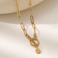 Gold paperclip chain necklace with a teardrop letter F pendant and an OT toggle clasp - Letter F (XL181-F) / 18K Gold