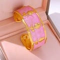 Pink marble enamel open bangle with three dimensional gold rose flower reliefs - Pink