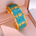 French retro gold open bangle with blue enamel finish and elegant rose floral details - Green