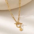 Golden paperclip chain necklace with OT clasp and engraved letter V pendant - Letter N (XL181-N) / 18K Gold