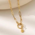 Golden paperclip chain necklace with initial Q pendant and stylish OT toggle clasp - Letter Q (XL181-Q) / 18K Gold