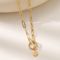 Golden stainless steel paperclip chain necklace with a letter T teardrop toggle pendant - Letter T (XL181-T) / 18K Gold
