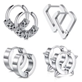 Set aus 4 Paar silbernen Edelstahl-Creolen mit Punk-Spike- und Drachenmuster-Designs - Mischdesign-Stil / Stahlfarben