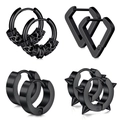 Set mit 4 Paar schwarzen Edelstahl-Ohrringen mit Punk-Nieten und Drachenmotiven - Mischdesign-Stil / Schwarz