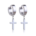 Detailed view of polished stainless steel hoop earrings with hanging cross pendants - Cross Pendant Hoop Earring / Steel