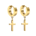 Polished gold stainless steel hoop earrings with hanging cross charm on white background - Gold Cross Pendant Hoop