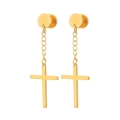 Detailed close-up of polished gold-plated stainless steel cross dangle earrings - Gold Style A