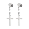 Detailed close-up of polished stainless steel cross drop earrings on white background - Steel Style A