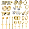 Detailed set of 12 pairs of gold stainless steel earrings with Greek key and cross pendants - Gold Stainless Earring Full Collection
