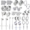 Set of 12 pairs stainless steel silver earrings with cross, leaf pendants and CZ studs - Steel Stainless Earring Full Collection