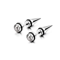 Macro shot of silver stainless steel spike earrings with rhinestones and black rubber rings - Spike Rhinestone Stud