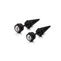 Close-up of black punk stud earrings with round zircon and sharp spike design detail - Black Spike Zirconia Stud