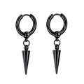 Detail view of black stainless steel huggie earrings with sharp cone spike pendants - Black Spike Pendant Hoop