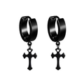 Detail of black stainless steel hoop earrings with cross pendant on white background - Black Style C