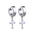 Detailed view of silver stainless steel hoop earrings with cross pendants for unisex style - Steel Style C