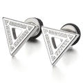 Macro view of silver stainless steel triangle stud earrings with Greek Key engraving pattern - Hollow Greek Triangle Stud
