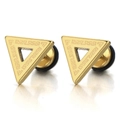 Macro shot of gold stainless steel triangle earrings with Greek key pattern engraving - Gold Greek Triangle Stud