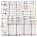 Set completo di 150 gioielli per piercing in cinque colori metallici su sfondo bianco - Set Combinato Multi-stile