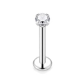 Einzelner silberner Edelstahl-Labret-Stecker mit klarer vierzackiger Zirkonia-Fassung - Vier-Krappen-Zirkonia Stil / 1.2x6x3mm