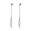 Detailed close-up of stainless steel earrings with long chain and textured leaf pendants - Feather Pendant Long Stud