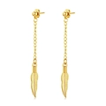 Detail of gold feather dangle earrings with delicate metal chains and textured leaf charms - Gold Feather Long Stud