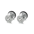 Detail of silver steel stud earrings featuring Greek meander patterns and clear cubic zirconia - Greek Key Zirconia Stud