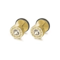 Close-up of gold steel stud earrings with central zircon and Greek key pattern - Gold Greek Zirconia Stud