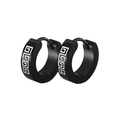 Detail of black stainless steel hoop earrings featuring white Greek meander pattern design - Black Greek Key Hoop