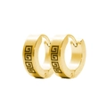 Close-up of golden hoop earrings featuring black Greek Key pattern engraving - Gold Greek Key Hoop
