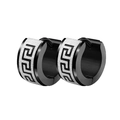 Detail of black and silver stainless steel earrings with Greek fret pattern engraving - Two-Tone Brushed Greek Hoop