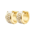 Detail of gold and silver hoop earrings with Greek key pattern and brushed metal finish - Gold Brushed Greek Hoop