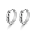 Detailed close-up of high-polish silver stainless steel huggie hoop earrings with hinge - Minimalist Hoop Ear Buckles / Steel