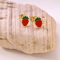 Cute gold strawberry stud earrings with red and green enamel on a natural stone base - Carrot Studs