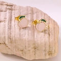 Cute pink peach stud earrings with gold plating and green leaf details for women - Peach Studs